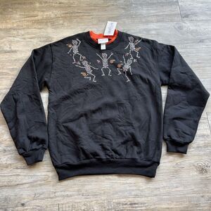 Halloween Vintage Sweatshirt Small Black Orange Skeletons Liberty Lane Spooky